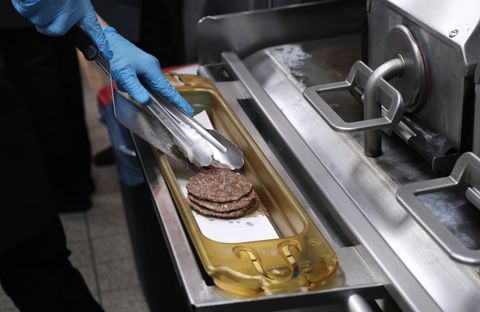 moscow, russia   january 30, 2020 frying patties for burgers in a mcdonalds restaurant in pushkin square, the first to have opened in the soviet union initially, the fast food chain planned to cut prices for big macs, hamburgers, cheeseburgers and chicken burgers back to its 1990 level, three roubles, just on january 31 in this particular restaurant, to mark its 30th birthday however, mcdonalds has decided otherwise, considering recommendations of the moscow government to avoid any mass events amid the outbreak of a pneumonia like coronavirus alexander shcherbaktass photo by alexander shcherbak\tass via getty images