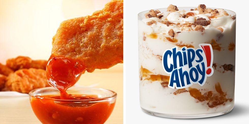 mcdonald's spicy chicken mcnuggets, mighty hot sauce, and chips ahoy cookie mcflurry