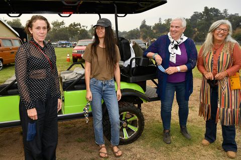pasadena, california   september 11 l r frances mcdormand, chloé zhao, swankie, and linda may attend the drive in premiere of nomadland hosted by fox searchlight and the telluride film festival at rose bowl on september 11, 2020 in pasadena, california photo by amy sussmangetty images