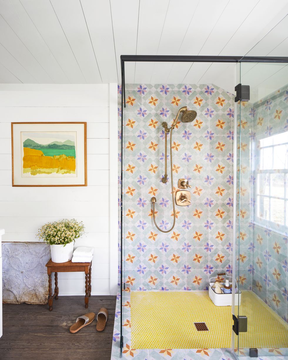 farmhouse shower with colorful tile in shower