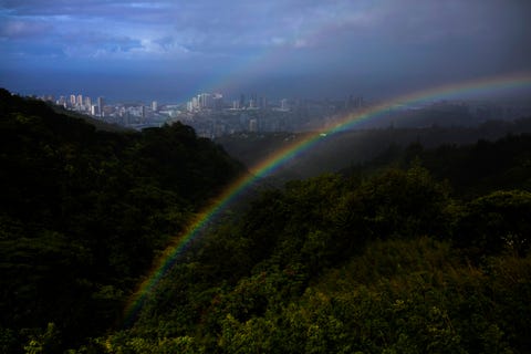 Boven Mount Tantalus bij Honolulu op Hawa hangt een dubbele regenboog Mijn broer is piloot bij de luchtmacht en was meerdere jaren gestationeerd op Hawa Hij heeft daar zijn vrouw leren kennen en op de verjaardag van hun eerste ontmoeting vroeg hij haar heel plechtig ten huwelijk Nadat mijn schoonzus ja had gezegd doken haar ouders die mijn broer uit New York had laten overvliegen plotseling op en verrasten haar waarna onze families het jawoord samen hebben gevierd herinnert fotografe Maddie McGarvey zich deze dag Mijn vader is eerder dit jaar overleden en deze herinnering aan puur geluk in mijn familie zal altijd heel bijzonder voor mij zijn Lees hoe dit nationale park op Hawa ooit een gesoleerde leprakolonie was