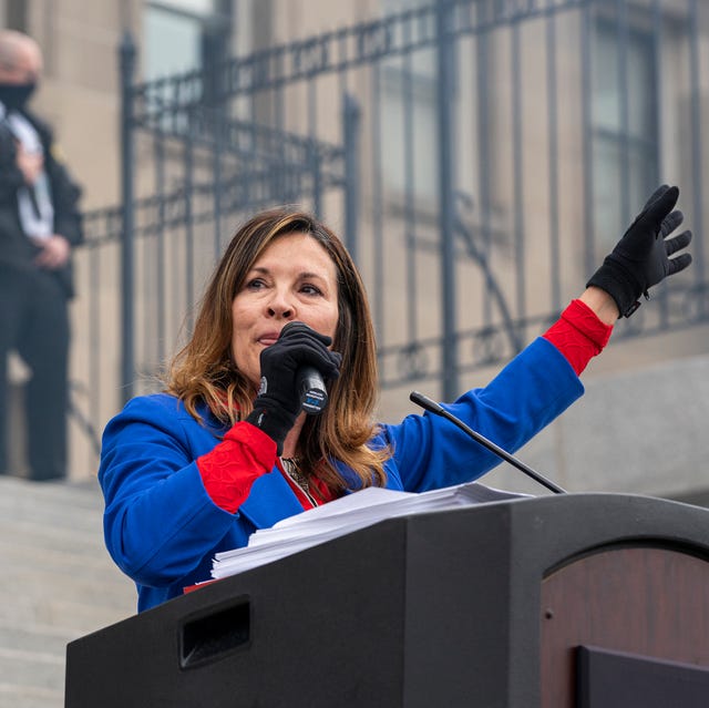 boise, id   march 06 idaho lieutenant governor janice mcgeachin speaks during a mask burning event at the idaho statehouse on march 6, 2021 in boise, idaho citizens and politicians gathered in at least 20 cities across the state to protest covid 19 restrictions  photo by nathan howardgetty images