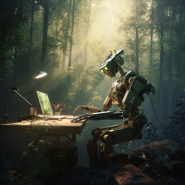 un robot che lavora a una scrivania nella foresta