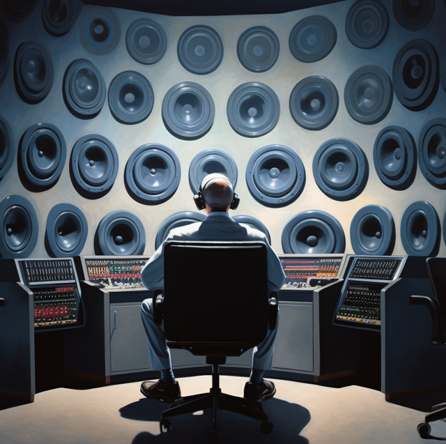 robot music producer sitting in a desk chair at a desk, looking up at a massive wall of subwoofers, painted by edward hopper, hyperrealistic, studio lighting, reflections