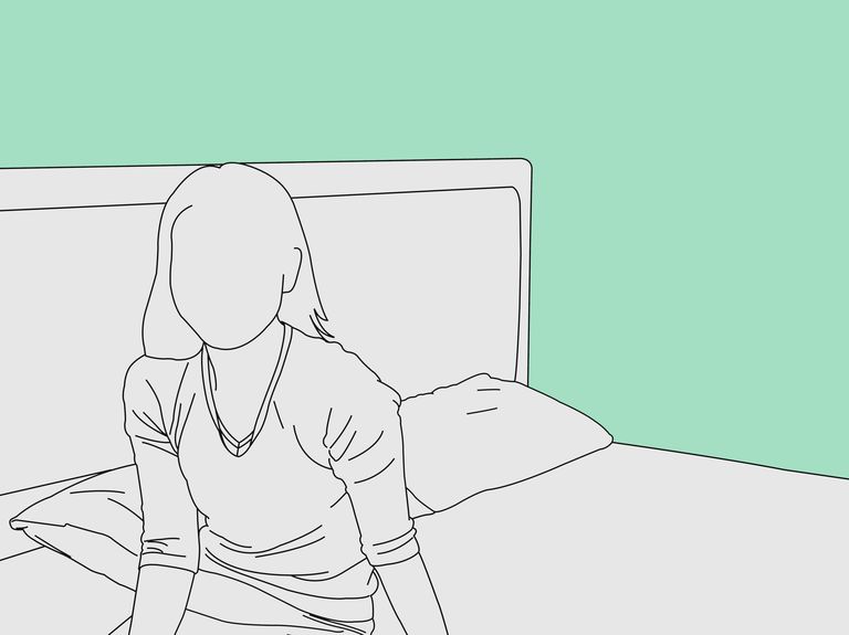 a line drawing of a woman sitting in bed alone