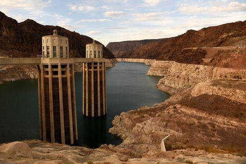 intake towers for water to enter to generate electricity and provide hydroelectric power stand during low water levels due the western drought on july 19, 2021 at the hoover dam on the colorado river at the nevada and arizona state border   the lake mead reservoir formed by the hoover dam on the nevada arizona border provides water to the southwest, including nearby las vegas as well as arizona and california, but has remained below full capacity since 1983 due to increased water demand and drought, conditions that are expected to continue photo by patrick t fallon  afp photo by patrick t fallonafp via getty images
