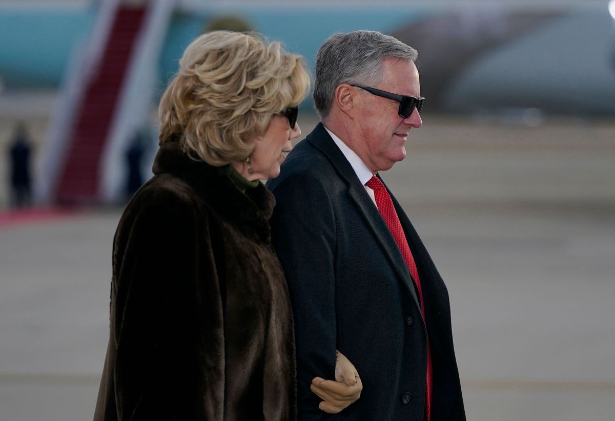 white house chief of staff mark meadows and his wife debbie meadows at joint base andrews in maryland on january 20, 2021   us president donald trump and first lady melania trump travel to their mar a lago golf club residence in palm beach, florida, and will not attend the inauguration for president elect joe biden photo by alex edelman  afp photo by alex edelmanafp via getty images