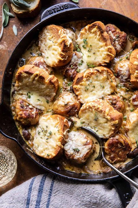 baked french onion meatballs in cast iron skillet