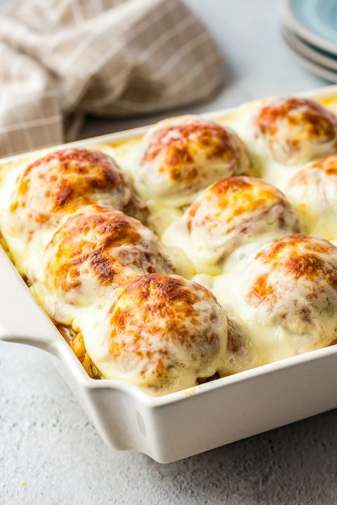 loaded mashed potato and meatball casserole with melted cheese