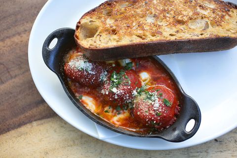 meatballs beef brisket and kurobuta pork shoulder, tomato sugo, buffalo mozzarella, and griddled country bread at contrada on friday, may 12, 2017, in san francisco, calif contrada opened on union street within the last year