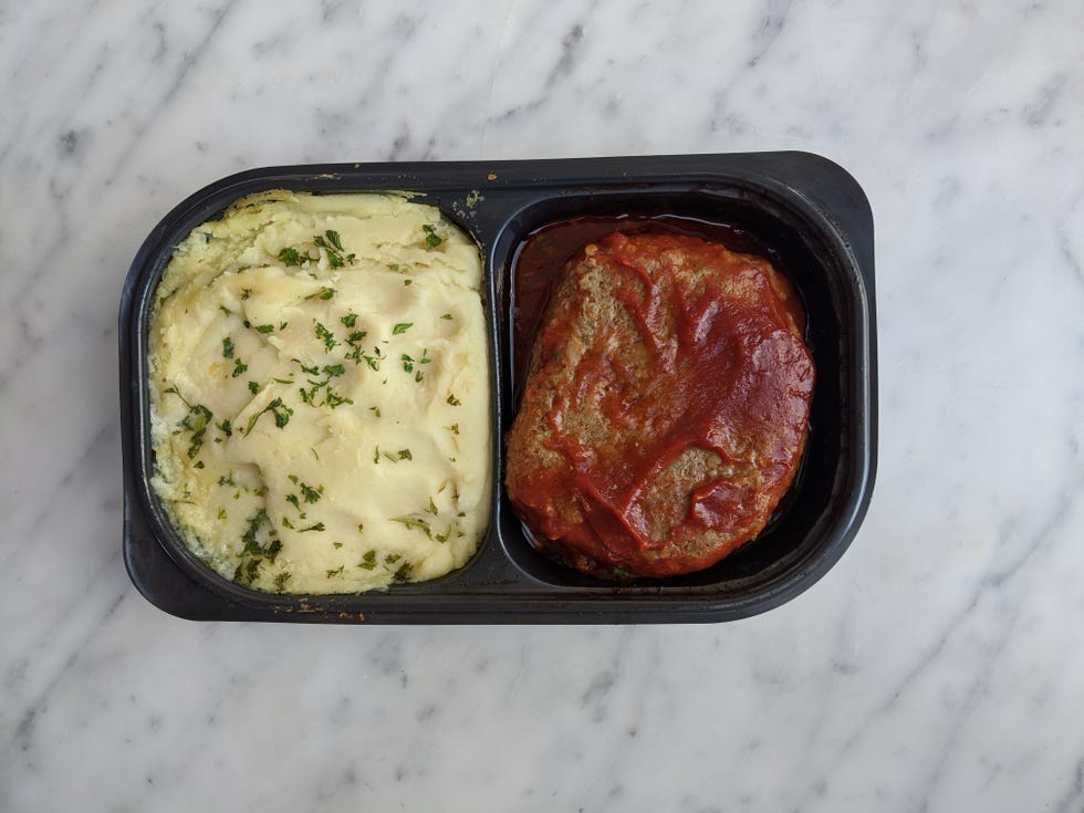 costco meatloaf with yukon gold mashed potatoes in plastic tray