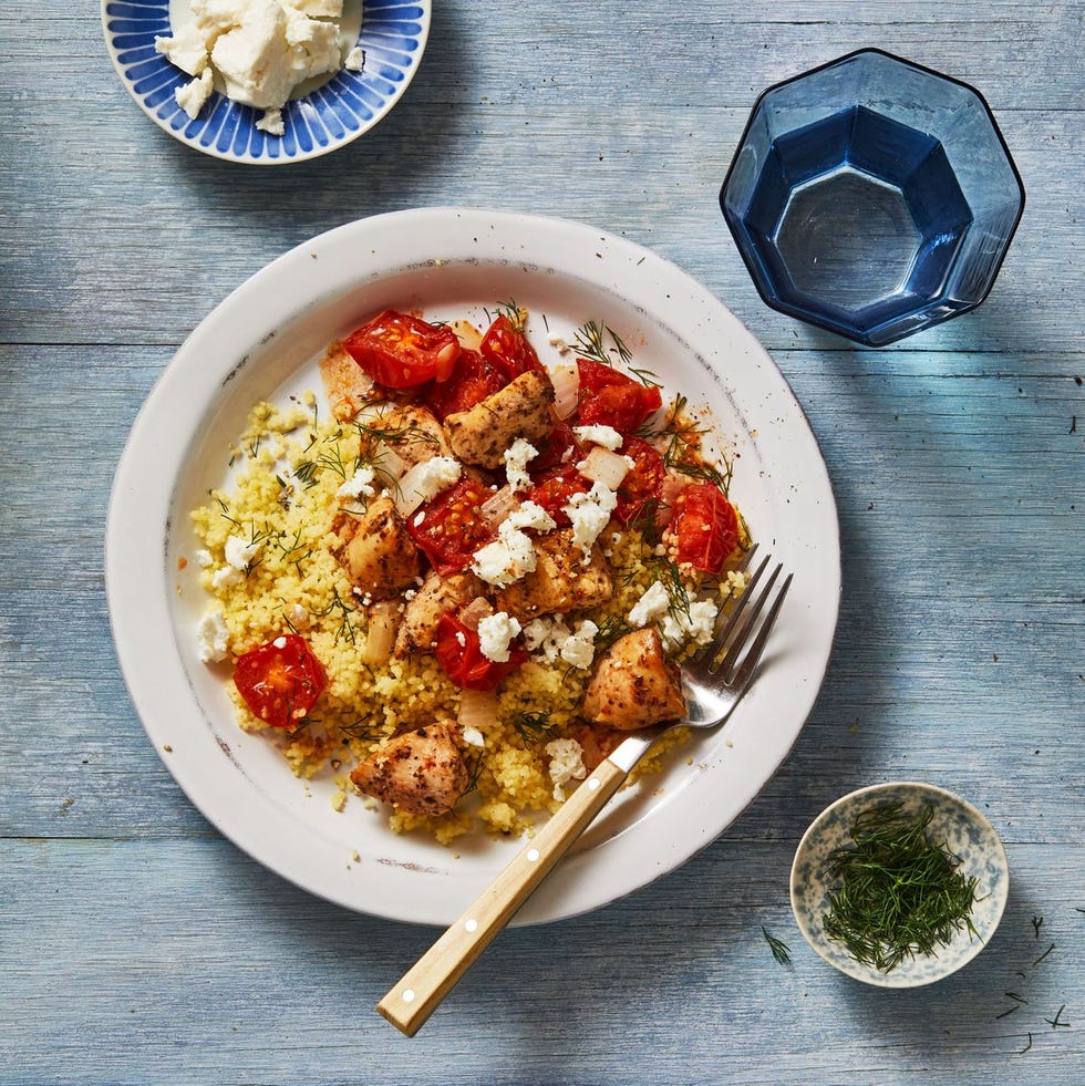 mediterranean chicken bowls with couscous, feta, tomato and dill