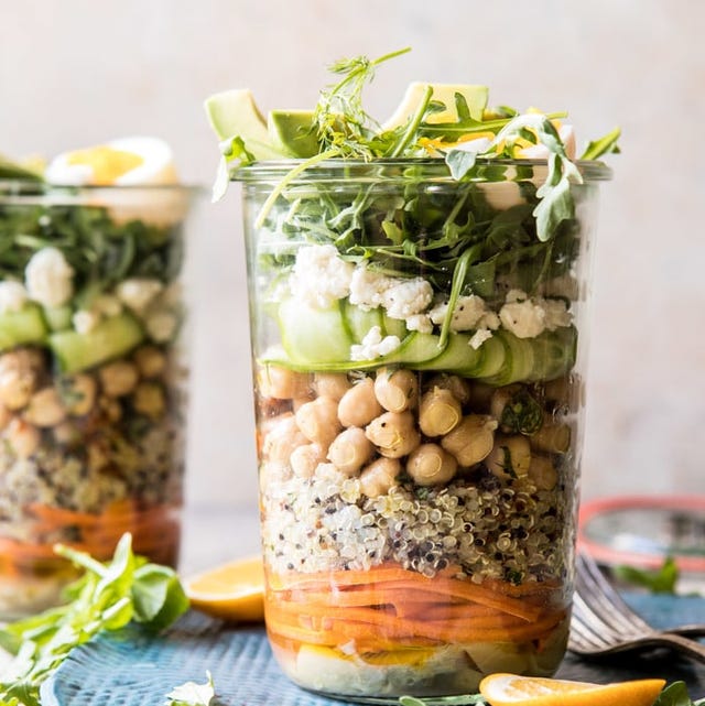 Mediterranean chickpea and egg salad mason jar