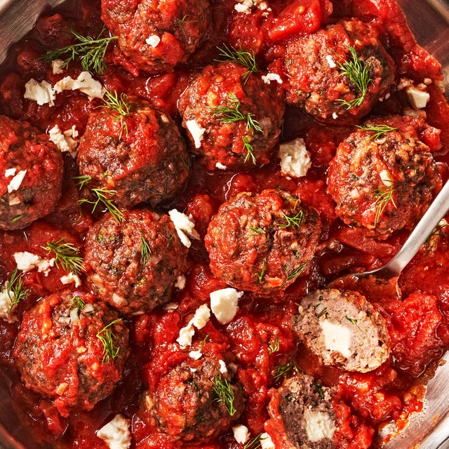 feta stuffed meatballs in a marinara sauce