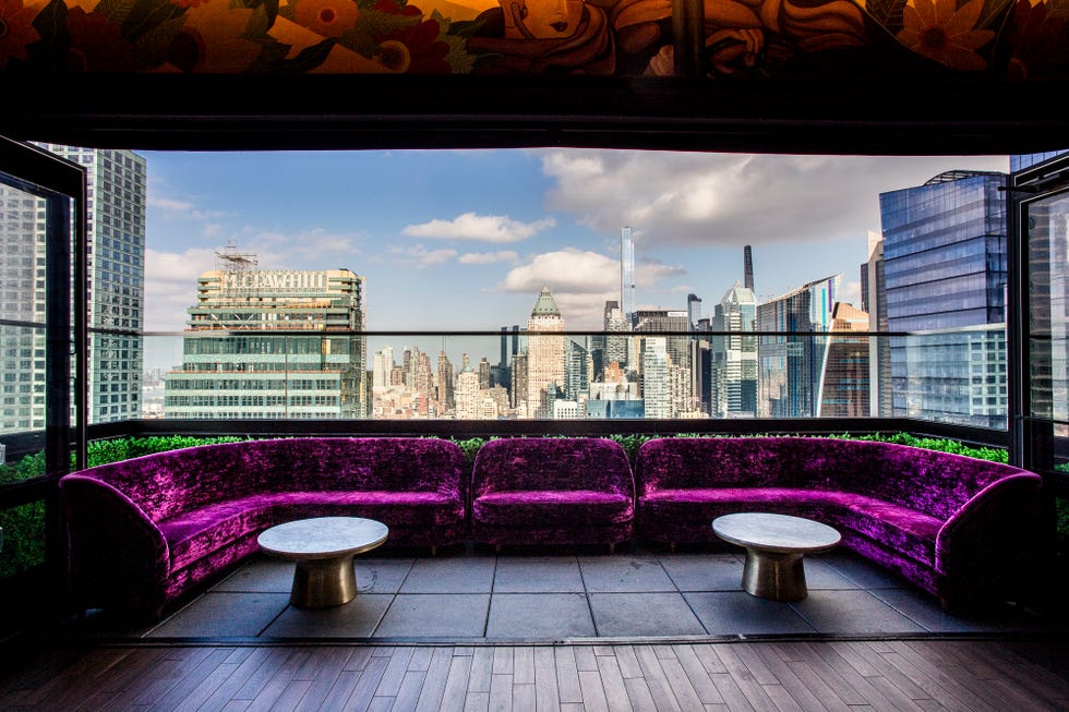 a large window with a city skyline