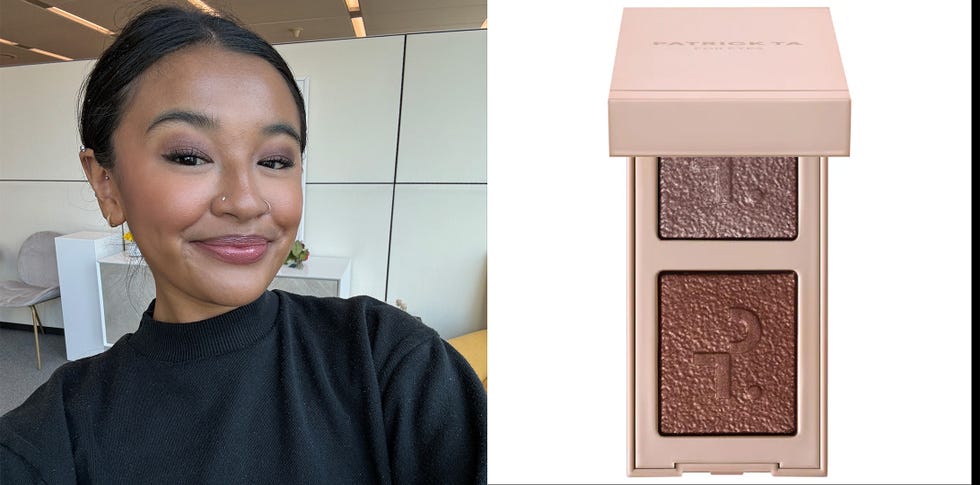 a partially cropped person next to a compact eyeshadow palette