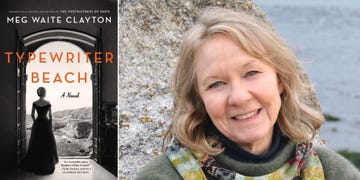 cover of typewriter beach by meg waite clayton, showing a woman in a black dress framed by a grand arched window overlooking the california coast.