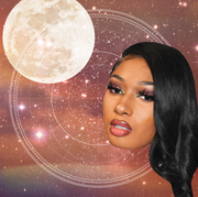 Megan Thee Stallion megan thee stallion's head next to a full moon over a background of a dark, starry sky