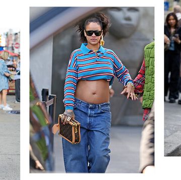 street style pregnant rihanna, pregnant woman in a red tee shirt and jeans, pregnant woman in black cardigan and skirt