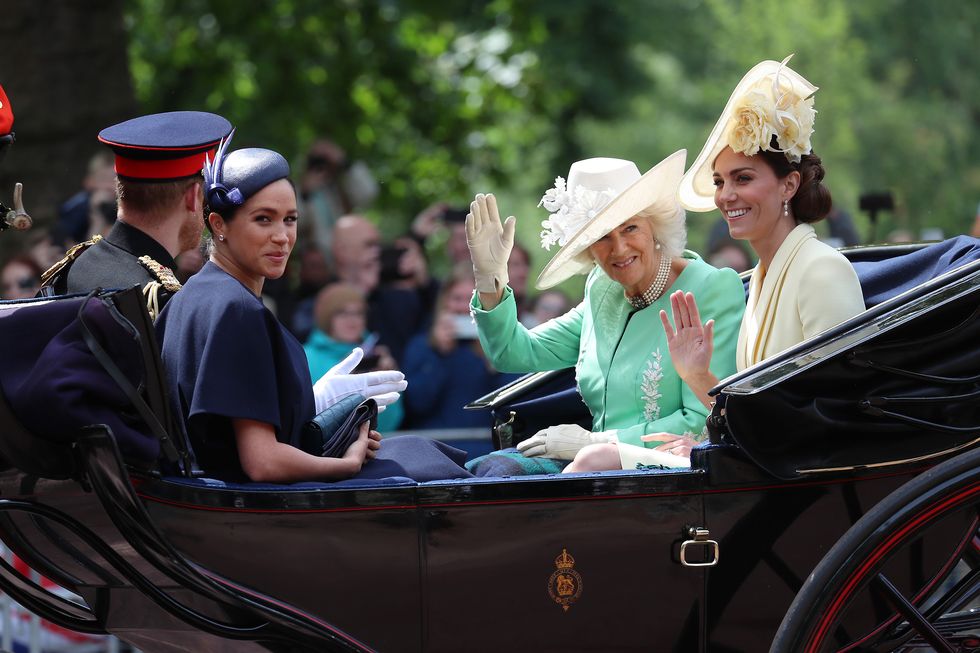prince harry, meghan markle, camilla, and kate middleton during trooping the colour 2019