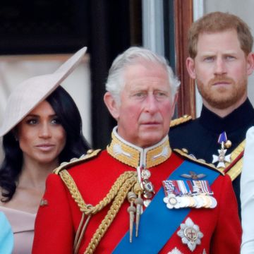 meghan markle, king charles, and prince harry at trooping the colour 2018
