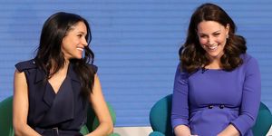 meghan markle and kate middleton laughing next to each other at the first annual royal foundation forum in 2018