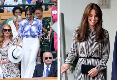 Meghan Markle wearing Ralph Lauren pants at Wimbeldon this summer, and Kate Middleton wearing a Ralph Lauren dress in 2015.