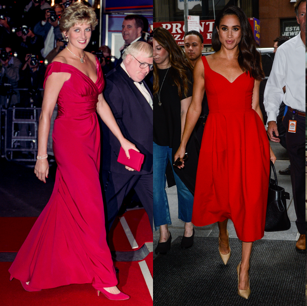 meghan markle and princess diana wearing matching red evening dresses and white coat dresses