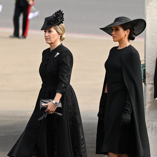 london, england september 19 sophie, countess of wessex and meghan, duchess of sussex at wellington arch during the state funeral of queen elizabeth on september 19, 2022 in london, england elizabeth alexandra mary windsor was born in bruton street, mayfair, london on 21 april 1926 she married prince philip in 1947 and ascended the throne of the united kingdom and commonwealth on 6 february 1952 after the death of her father, king george vi queen elizabeth ii died at balmoral castle in scotland on september 8, 2022, and is succeeded by her eldest son, king charles iii photo by david ramosgetty images