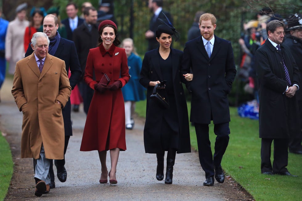 kings lynn, england december 25 l r prince charles, prince of wales, prince william, duke of cambridge, catherine, duchess of cambridge, meghan, duchess of sussex and prince harry, duke of sussex arrive to attend christmas day church service at church of st mary magdalene on the sandringham estate on december 25, 2018 in kings lynn, england photo by stephen pondgetty images