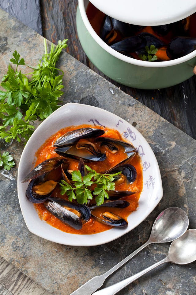 Mejillones en escabeche y crema de coliflor