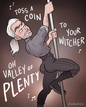 Un comic de Instagram de Adam Tots con un dibujo de The Witcher