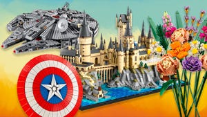 a collection of lego models including a spaceship castle shield and flowers