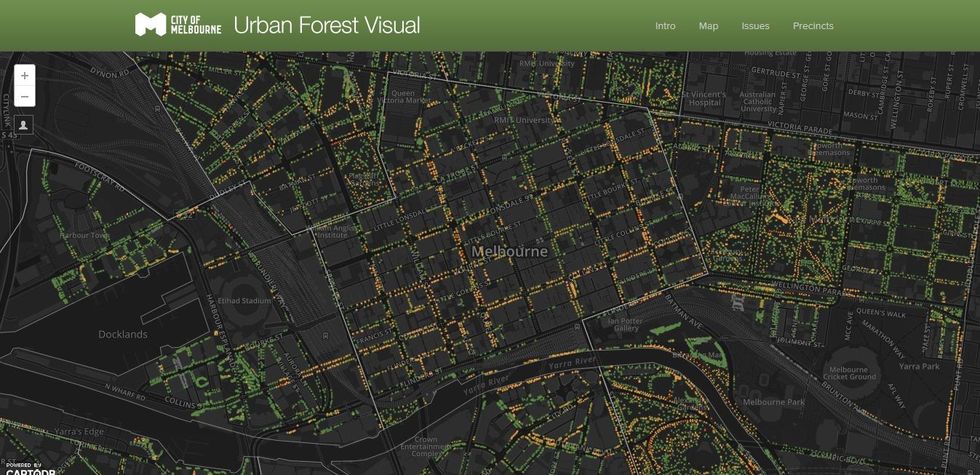 Op deze kaart van Melbourne kan je alle bomen terugvinden met hun IDnummer en emailadres