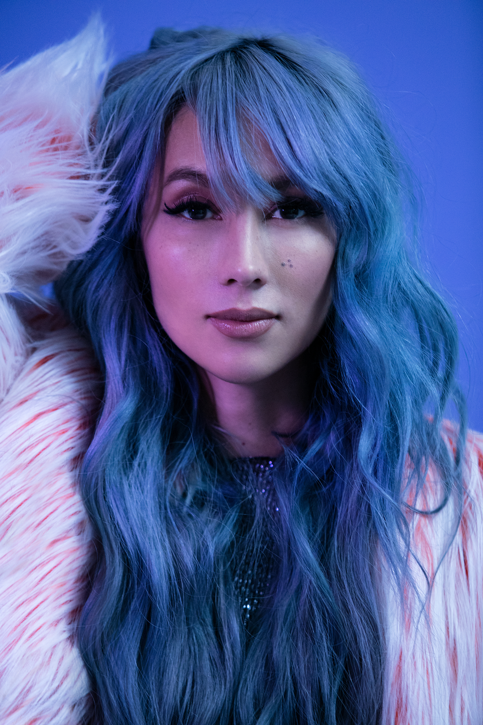 Hair, Face, Blue, Purple, Hairstyle, Hair coloring, Pink, Beauty, Violet, Layered hair, 