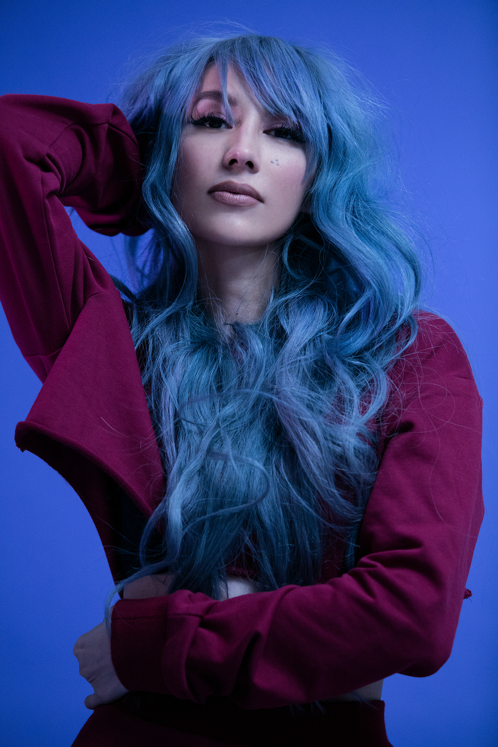 Blue, Hair, Purple, Pink, Electric blue, Beauty, Violet, Long hair, Photography, Photo shoot, 