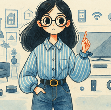 Illustration of AI-Assisted Home Theater Setup a hand drawn digital illustration of a woman setting up a home theater system with smart speakers and an amp, created using ai generated elements and collage.
