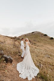 Photograph, Bride, Wedding dress, Dress, Gown, White, Clothing, Bridal clothing, Bridal accessory, Beauty, 