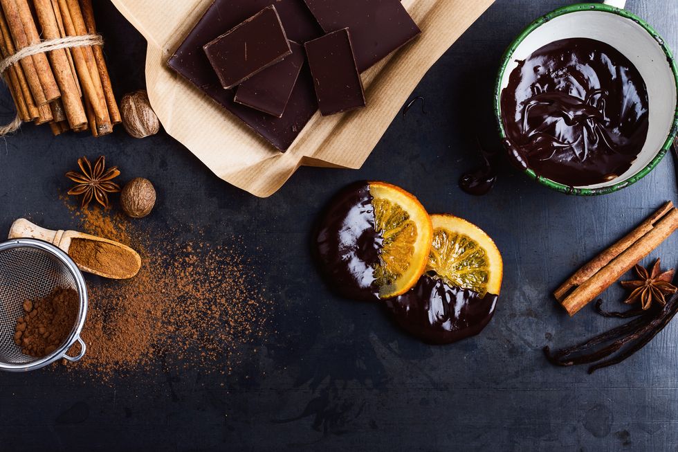 melted dark chocolate, glaceed orange slices and spices