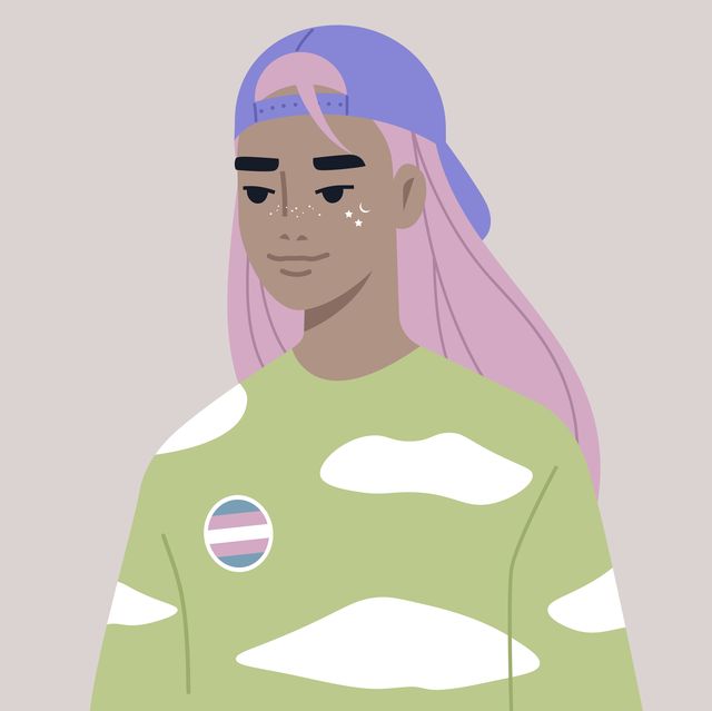 a member of the lgbtq community wearing a transgender pin, lgbt pride theme