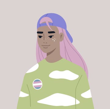 a member of the lgbtq community wearing a transgender pin, lgbt pride theme