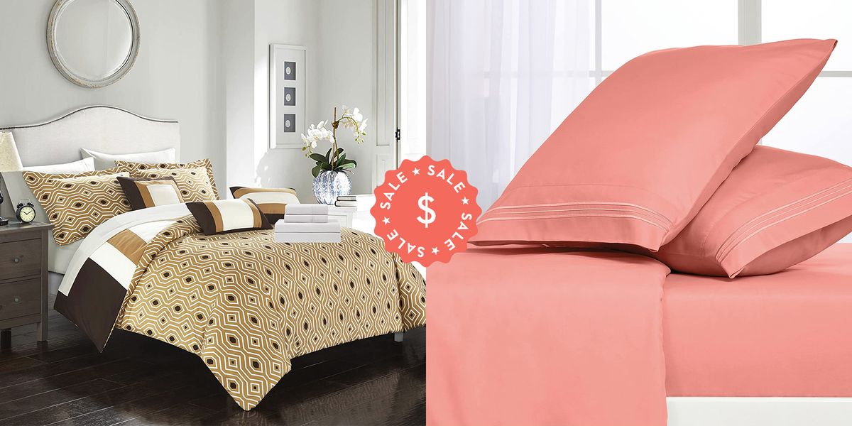 a full bedroom set side by side with a pink sheet shet to show memorial day sales on bedding 2022