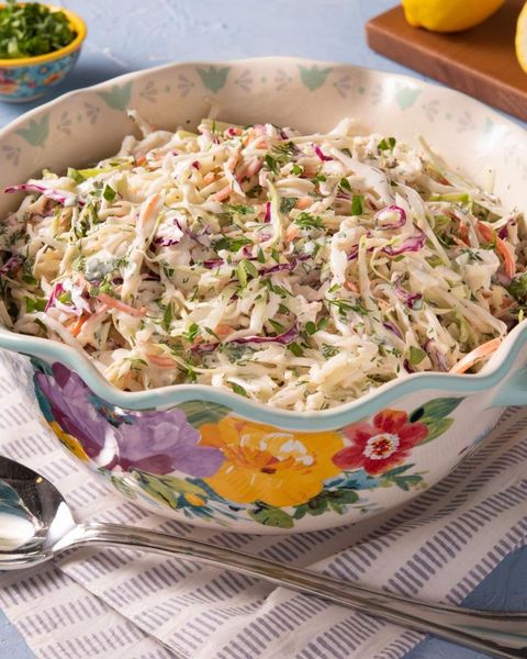 classic coleslaw in floral bowl