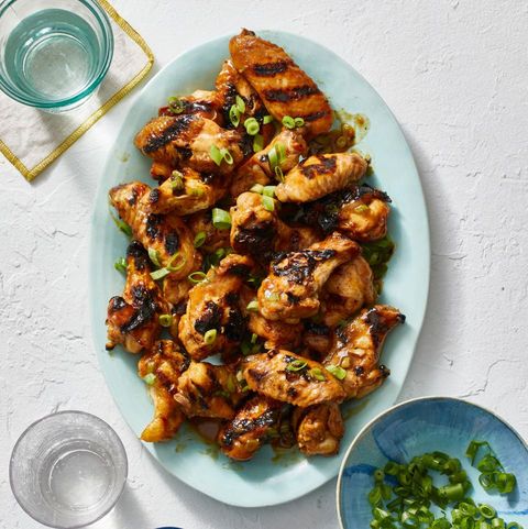 grilled chicken wings topped with sliced scallions on a blue plate