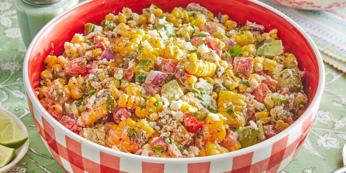 memorial day side dishes corn salad in red checkered bowl