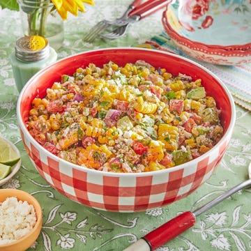 memorial day side dishes corn salad in red checkered bowl