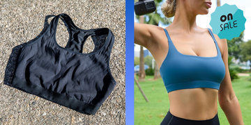 black sports bra laid on a surface, blue sports bra being worn