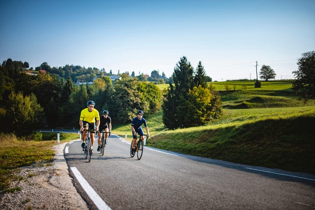 men in 20s and 30s cycling uphill in summertime countryside