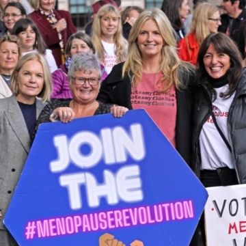 left to right mariella frostrup, mp carolyn harris, penny lancaster and davina mccall with protesters outside the houses of parliament in london demonstrating against ongoing prescription charges for hrt hormone replacement therapy picture date friday october 29, 2021 pa photo see pa story commons menopause photo credit should read steve parsonspa wire