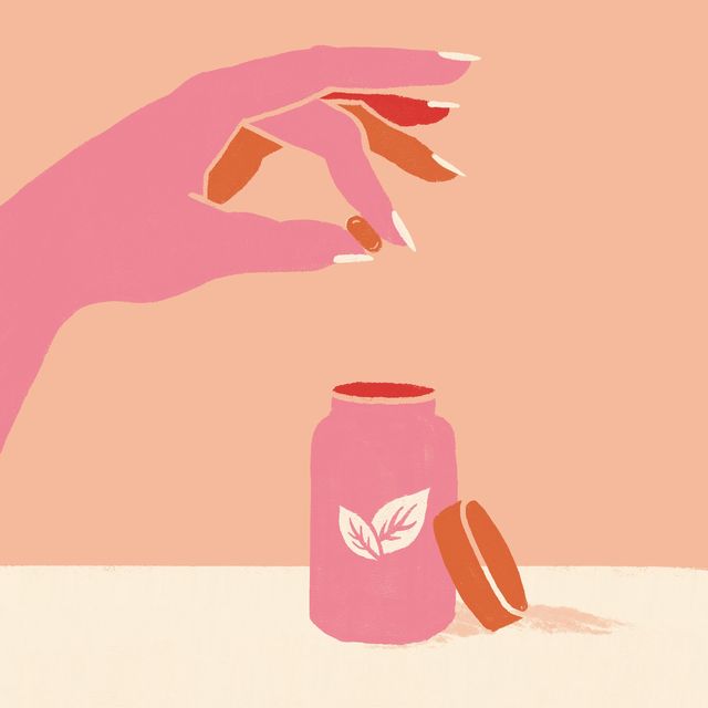 illustrated hand holding supplement pill above a bottle